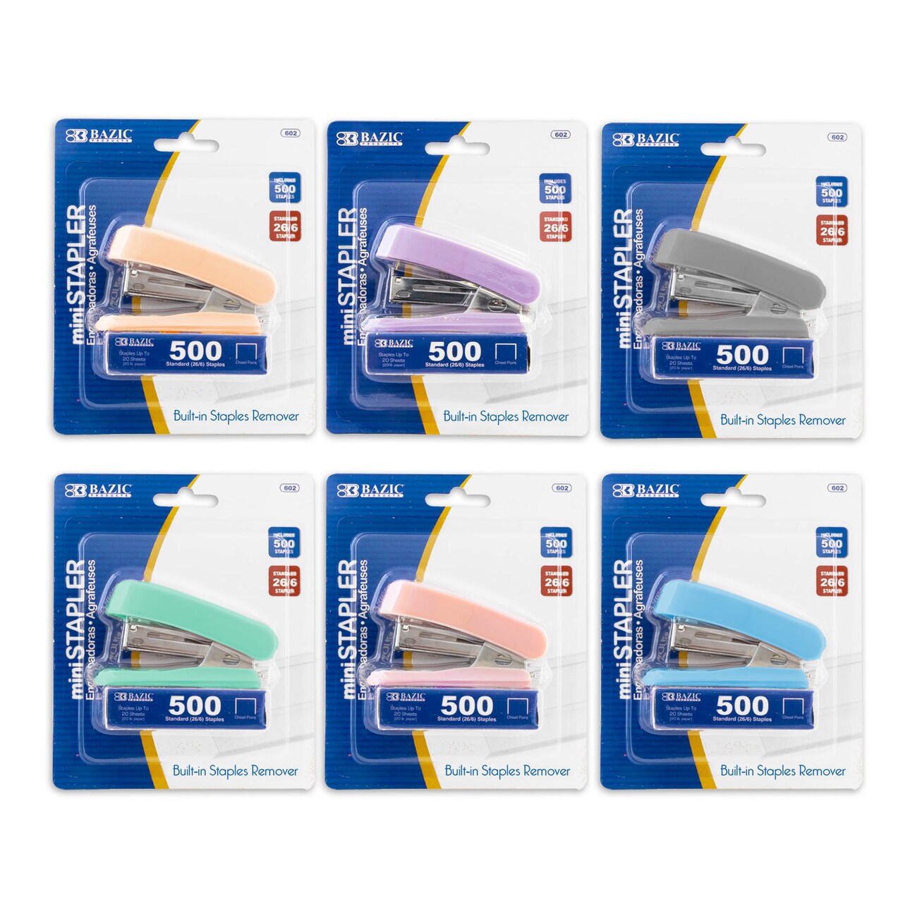 BAZIC Mini Pastel Color Stapler Standard (26/6) w/ 500 Ct. Staples